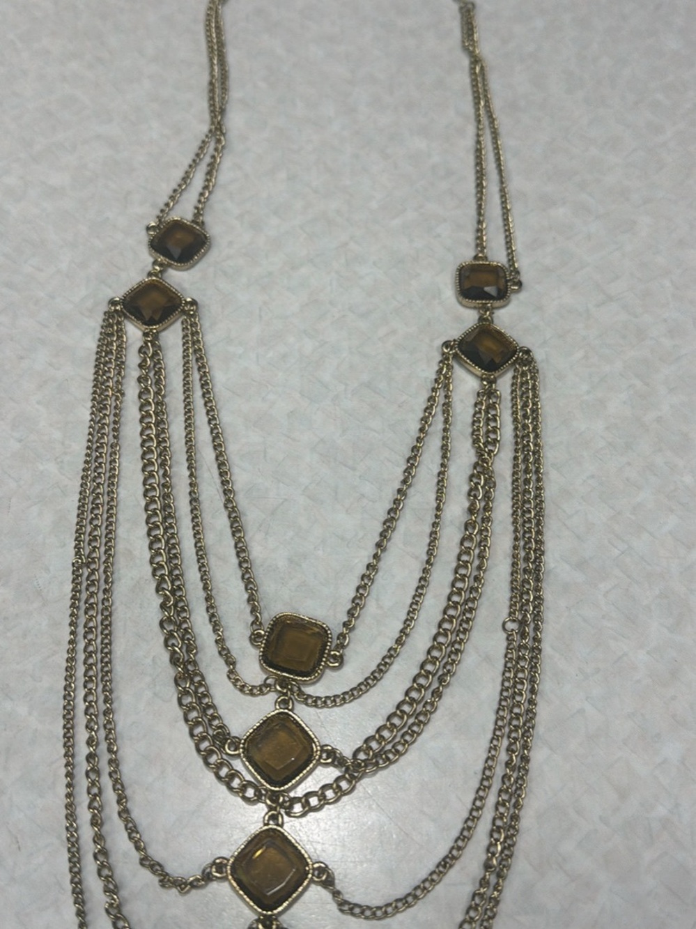 Layered Gold-Tone Necklace with Amber Square Stones